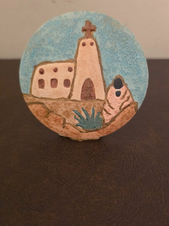 Other - Hand-painted pottery Southwestern scene of an adobe church with blue-sky